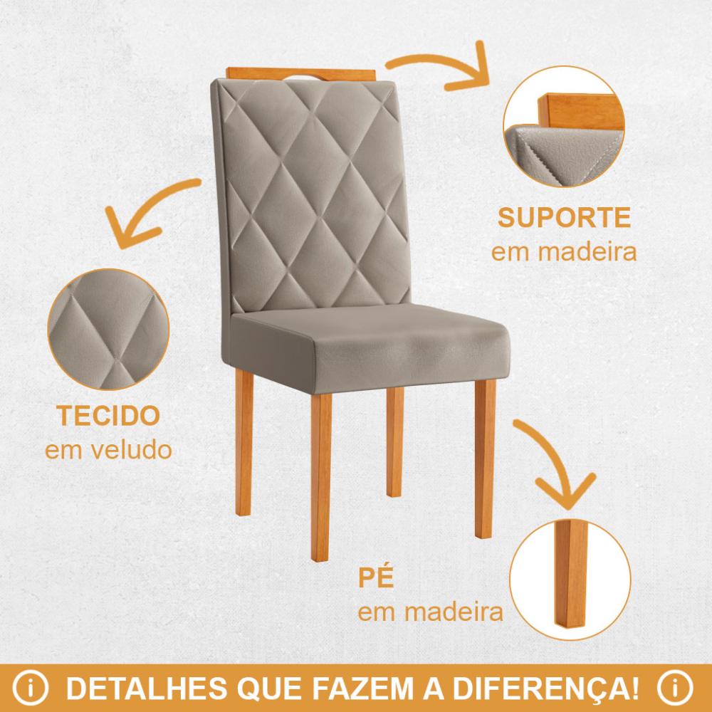 Conjunto 4 Cadeiras Diamante Veludo Bege Pés em Madeira JCM