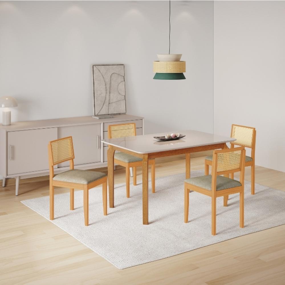 Conjunto Mesa de Jantar Alegra Off White 1,20M com 4 Cadeiras Jade 03 Linho Cinza
