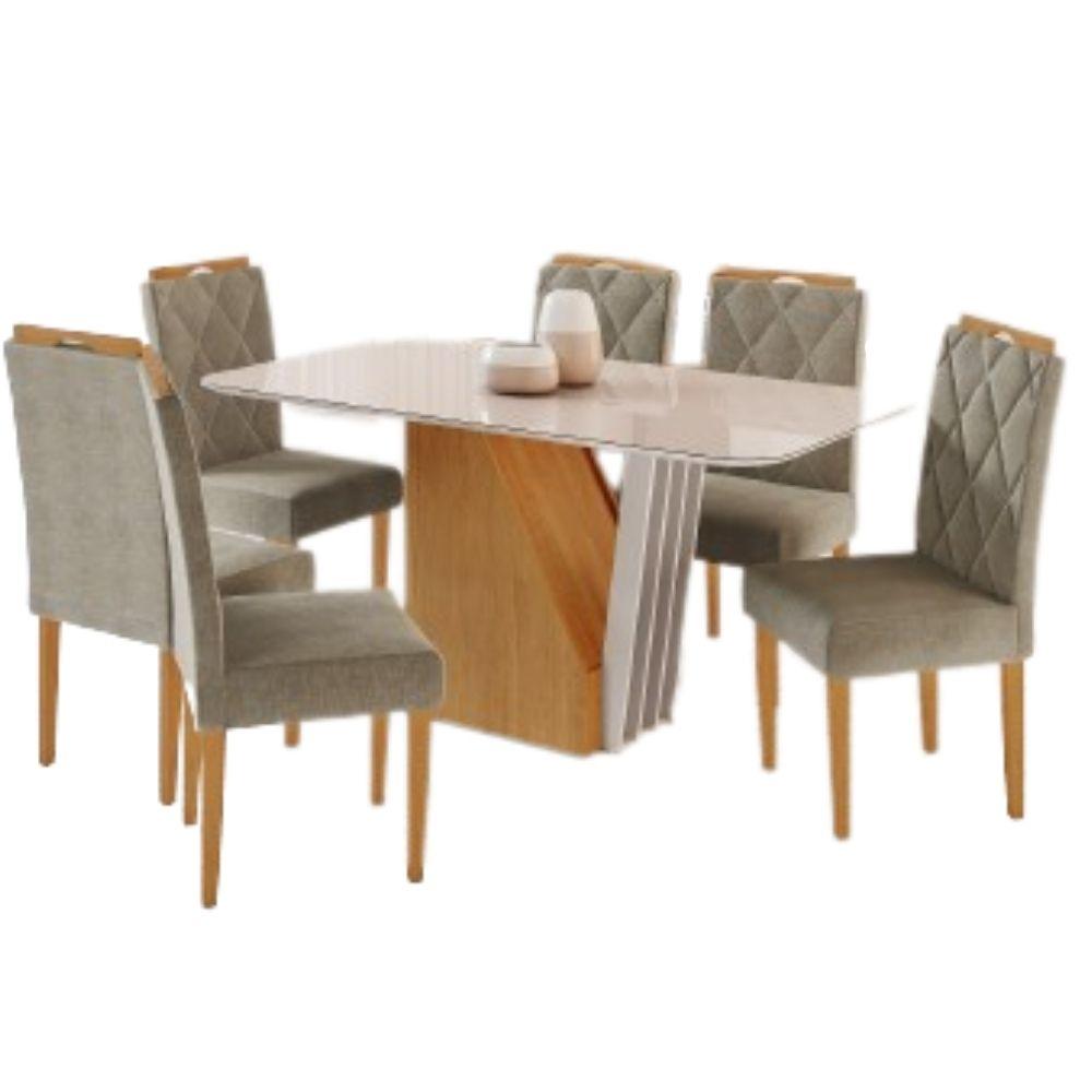 Conjunto Mesa de Jantar Harpa Off White 1,60 M com 6 Cadeiras Diamante