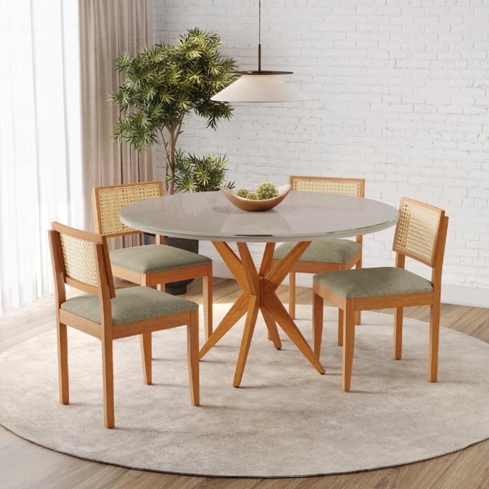 Conjunto Mesa de Jantar Simpatia Redonda Off White com 4 Cadeiras Jade 03 Veludo Bege