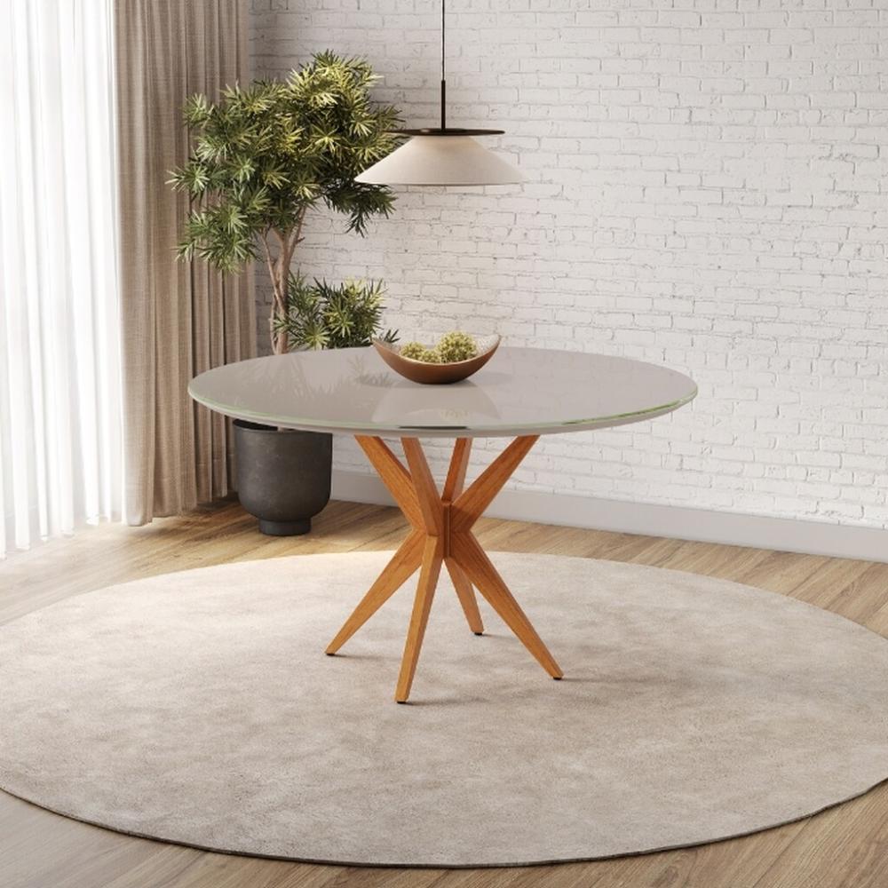 Conjunto Mesa de Jantar Simpatia Redonda Off White com 4 Cadeiras Jade 03 Veludo Bege