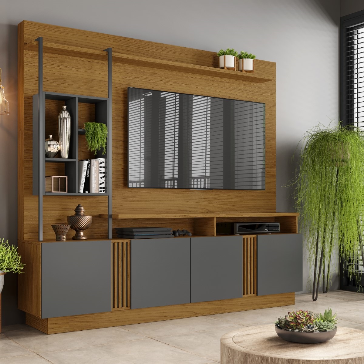 Estante Home Industrial Para Tv Até 65 Polegadas 04 Portas Fortuna Jcm Movelaria Freijó/Grafite
