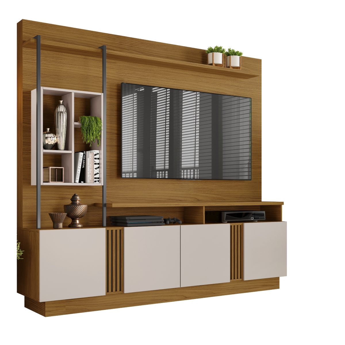 Estante Home Industrial Para Tv Até 65 Polegadas 04 Portas Fortuna Jcm Movelaria Freijó/Off White