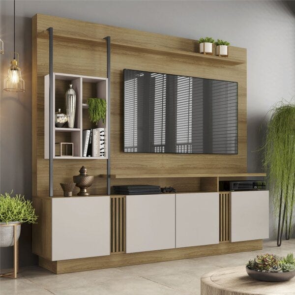 Estante Home Industrial Para Tv Até 65 Polegadas 04 Portas Fortuna Jcm Movelaria Noronha/Off White