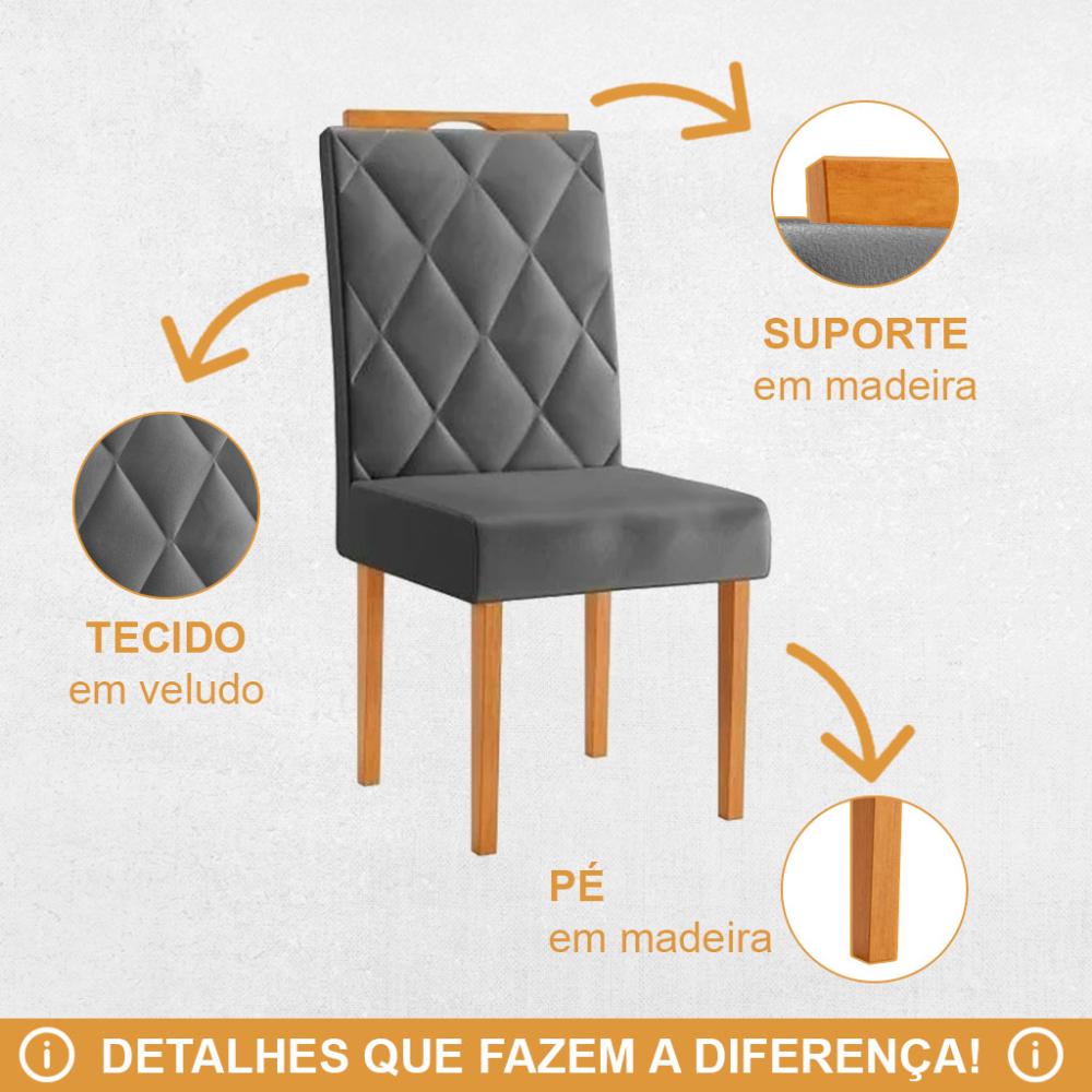 Kit 4 Cadeiras Diamante JCM Movelaria Cinamomo Veludo Cinza