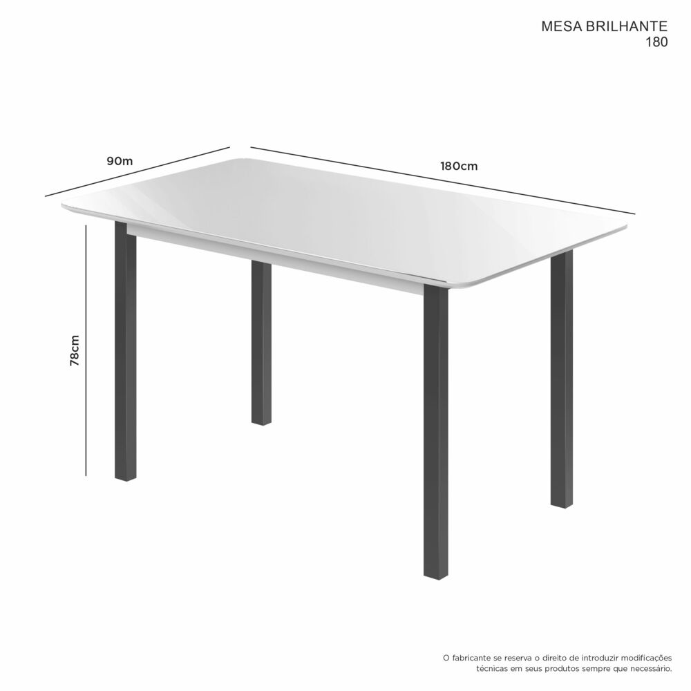 Mesa Brilhante Candian Canto Copo Tampo Vidro 180cm JCM Movelaria NÃO ACOMPANHA CADEIRAS Grafite