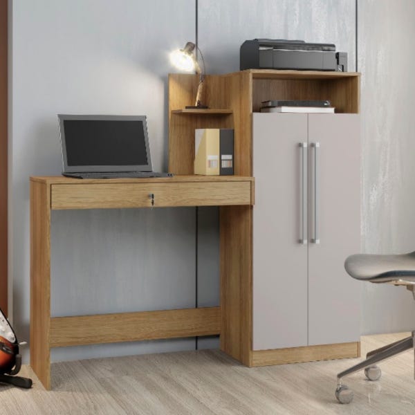 Mesa Office Com Armário Gaveta Com Chave Ventura Jcm Móveis Noronha/Off White