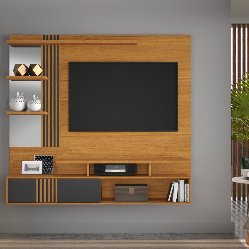 Painel Safira Para TVs até 49 Polegadas Com Prateleiras 02 Nichos E Porta de Correr JCM Moveis Cinamomo/Grafite