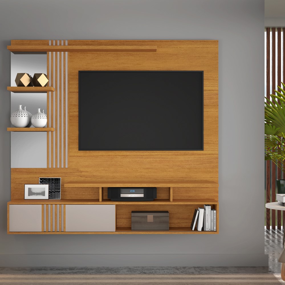 Painel Safira Para TVs até 49 Polegadas Com Prateleiras 02 Nichos E Porta de Correr JCM Moveis Cinamomo/Off White
