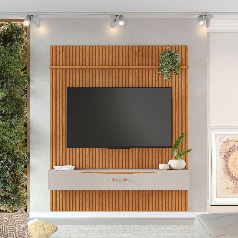 Painel para TV Ripado Riso com Nicho 65 Polegadas JCM Movelaria Cinamomo Off White 1,82M