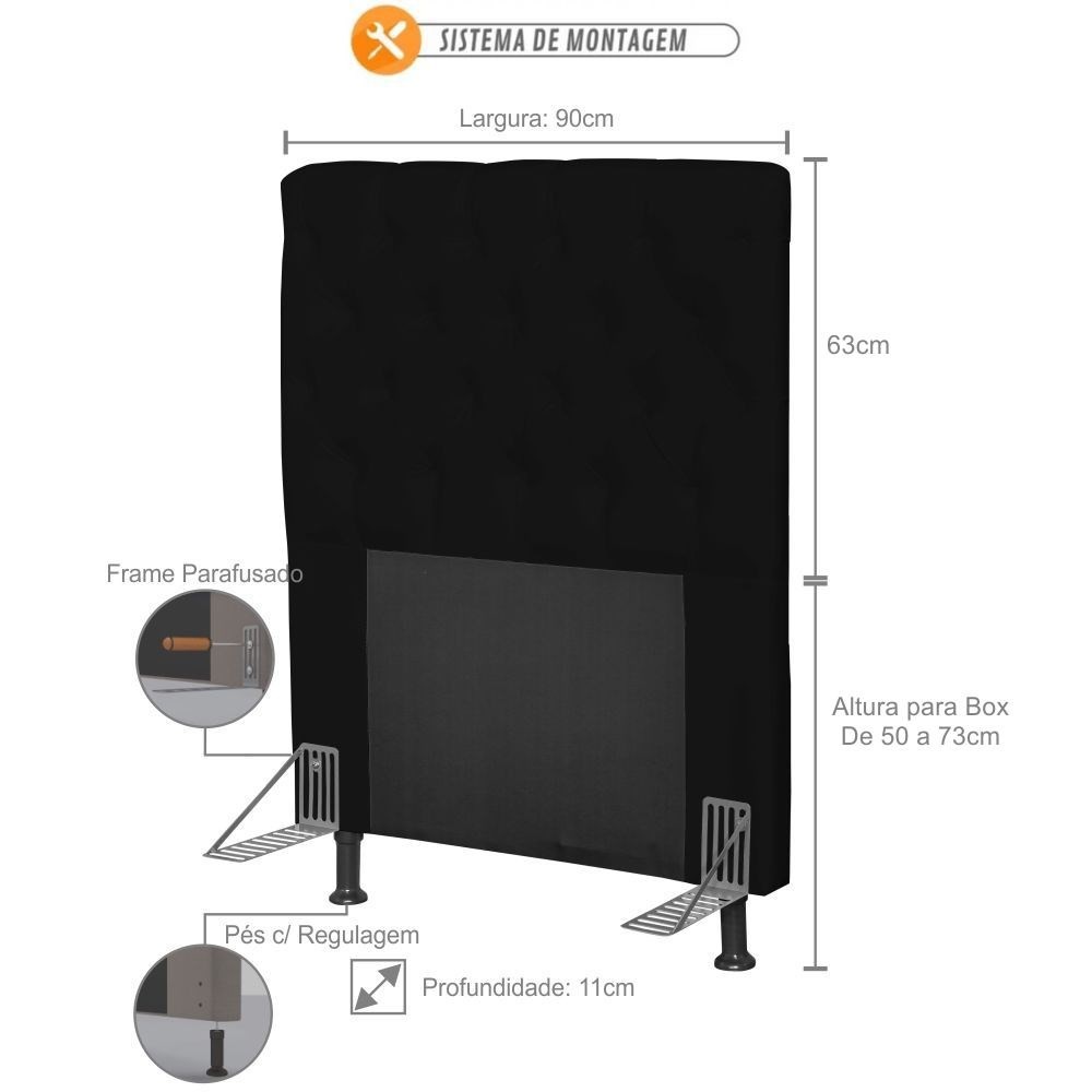 Cabeceira Cama Box Solteiro 90cm Cristal Corino Preto - JS Móveis