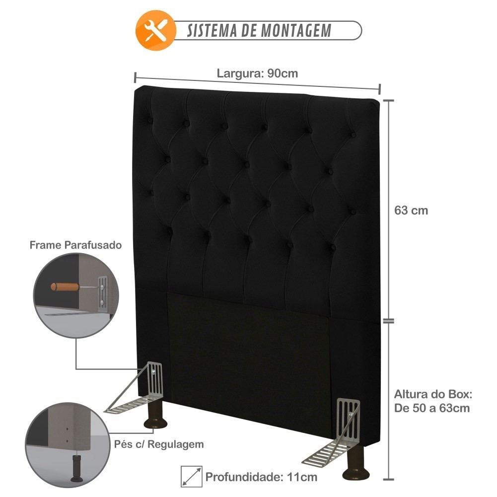 Cabeceira Cama Box Solteiro 90cm Cristal Veludo Preto - JS Móveis