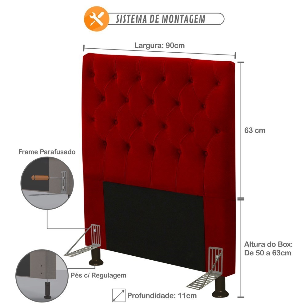 Cabeceira Cama Box Solteiro 90cm Cristal Veludo Vermelho - JS Móveis