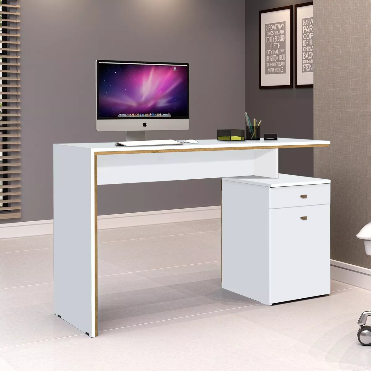 Mesa Para Escritório Trabalhar Branca de Madeira Espaçosa Com 1 Gaveta e 1 Porta Espaçosa Eo
