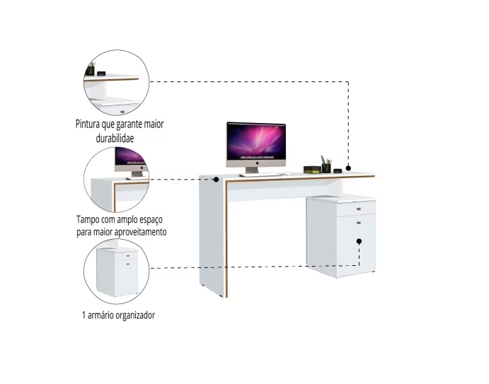 Mesa Para Escritório Trabalhar Branca de Madeira Espaçosa Com 1 Gaveta e 1 Porta Espaçosa Eo