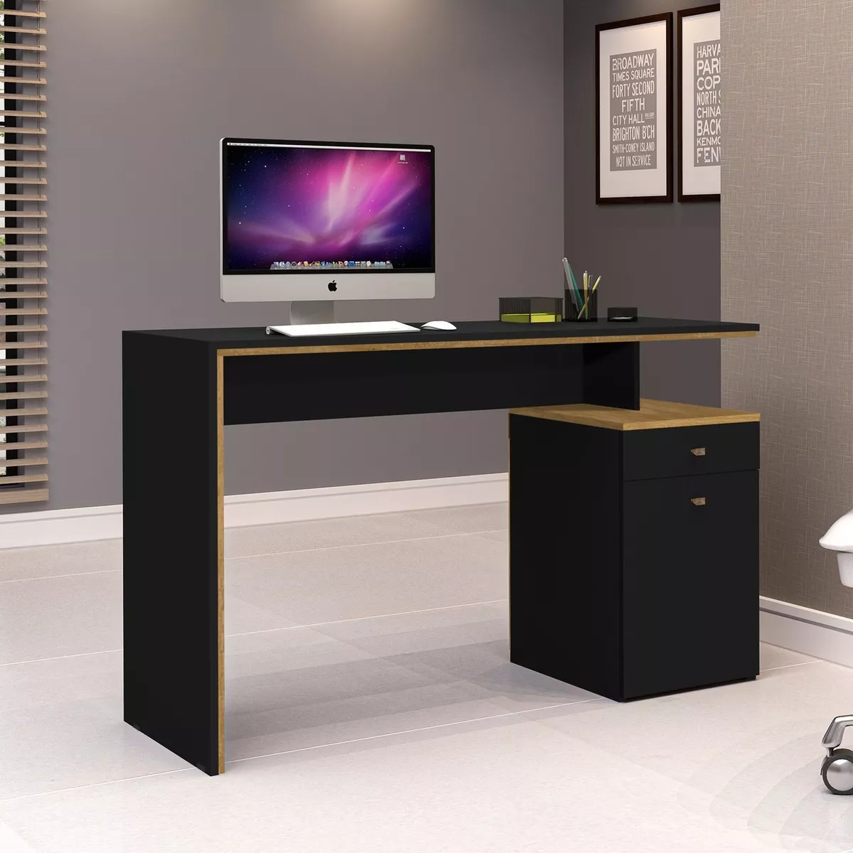 Mesa Para Escritório Trabalhar Preta de Madeira Espaçosa Com 1 Gaveta e 1 Porta Espaçosa Eo