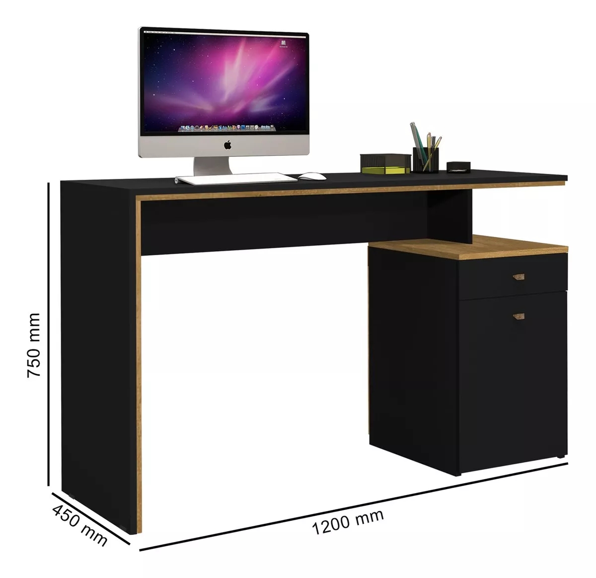 Mesa Para Escritório Trabalhar Preta de Madeira Espaçosa Com 1 Gaveta e 1 Porta Espaçosa Eo