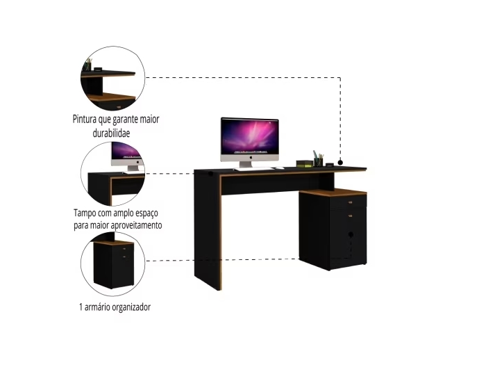 Mesa Para Escritório Trabalhar Preta de Madeira Espaçosa Com 1 Gaveta e 1 Porta Espaçosa Eo