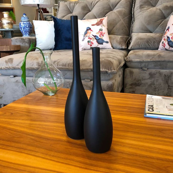 Vaso Decorativo de Cerâmica para Sala e Quarto Dupla Tulipa Preto Fosco