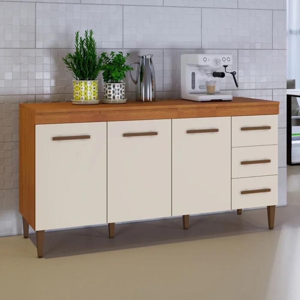 Balcão de Cozinha Atenas 3 Portas 3 Gavetas Nature Off White