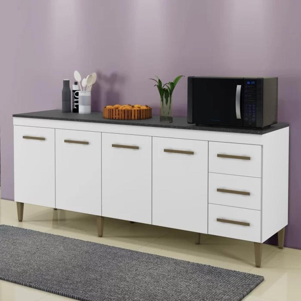 Balcão de Cozinha Atenas 4 Portas 3 Gavetas Branco