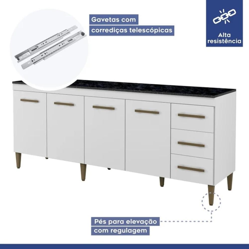 Balcão de Cozinha Atenas 4 Portas 3 Gavetas Branco