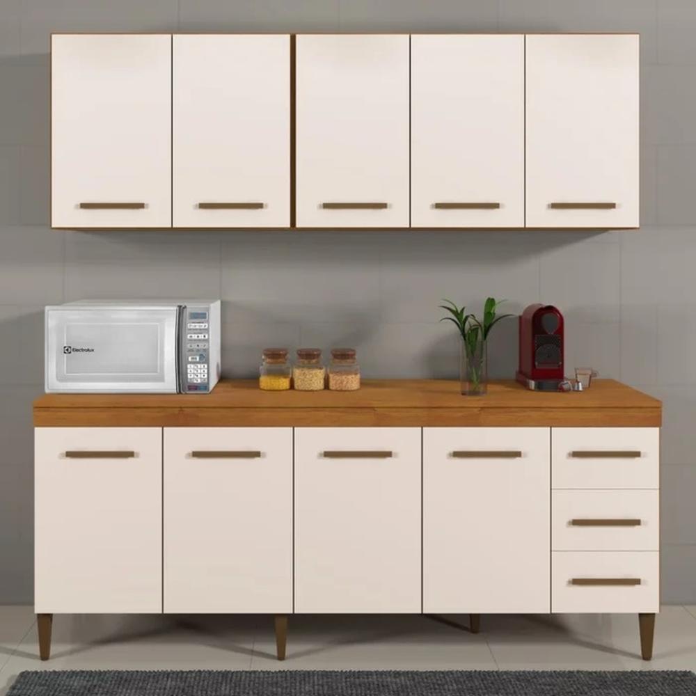 Cozinha Compacta Atenas 9 Portas 3 Gavetas Atenas Kaiki Móveis Nature Off White
