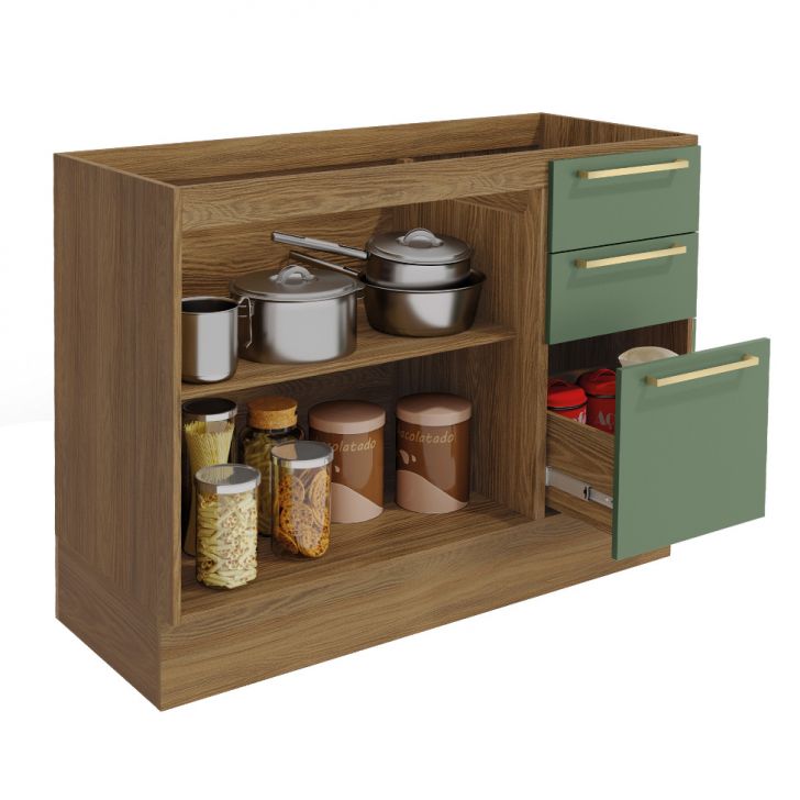 [OUTLET] Balcão de Cozinha com Tampo Botanic 2 PT 3 GV Verde Oliva e Nogueira