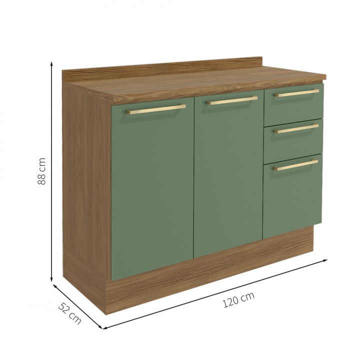 [OUTLET] Balcão de Cozinha com Tampo Botanic 2 PT 3 GV Verde Oliva e Nogueira
