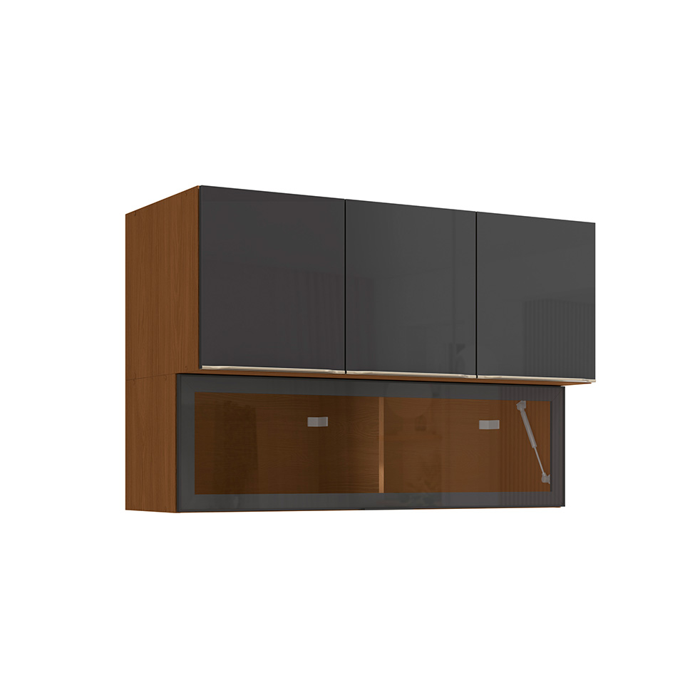 Armário Aéreo com Vidro Vibra 4 Portas Canela e Grafite 120 cm