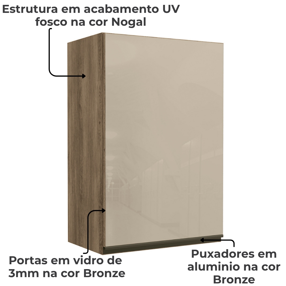 Armario Aereo 1 Porta Vidro 60 cm MDP Maxxi G763 Nogal Kappesberg