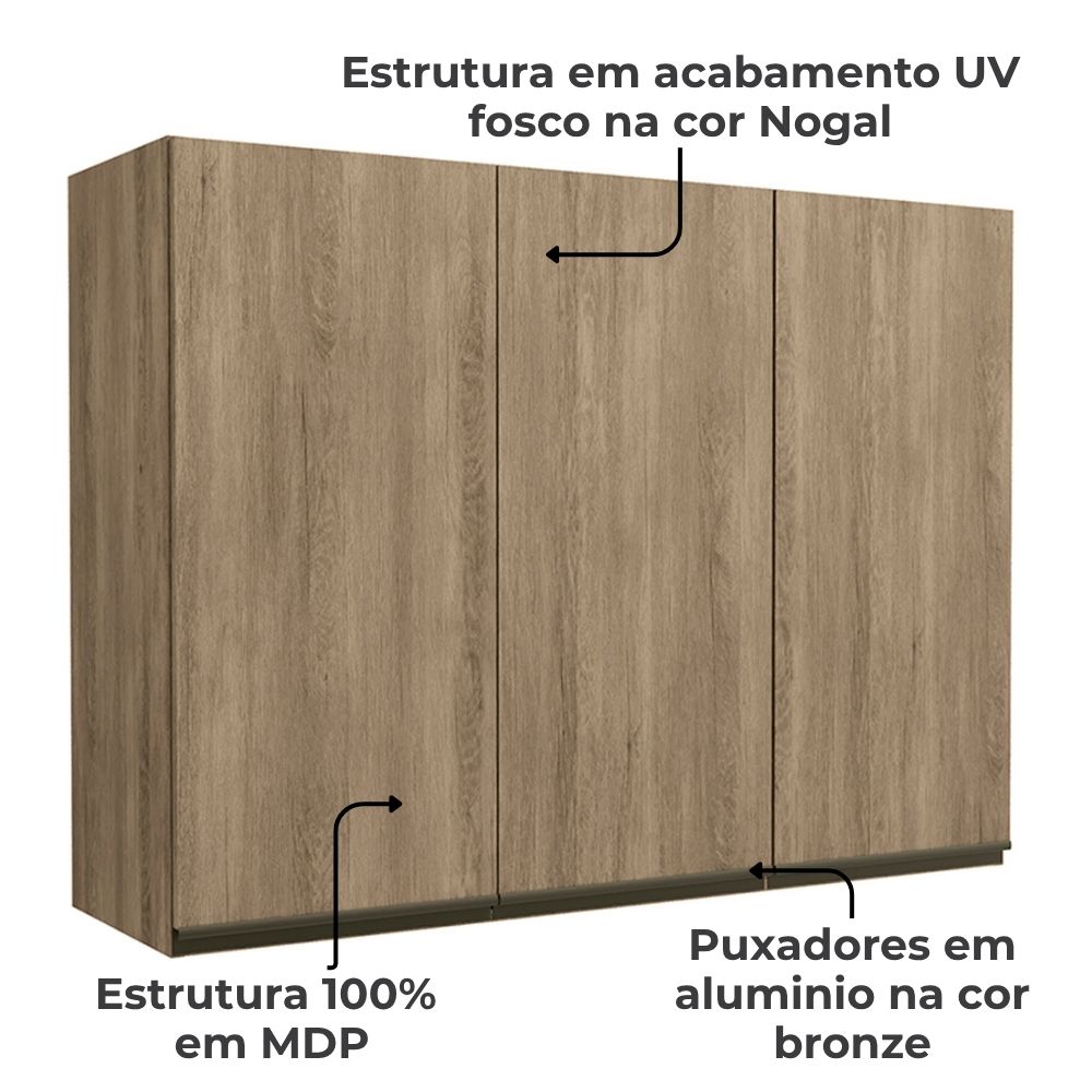Armario Aereo 3 Portas 120 cm MDP Maxxi G766 Nogal Kappesberg