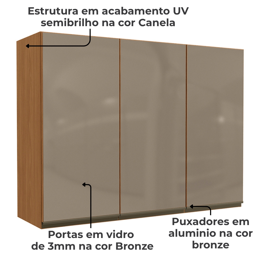 Armario Aereo 3P Vidro 120 cm MDP Maxxi G767 Canela Kappesberg