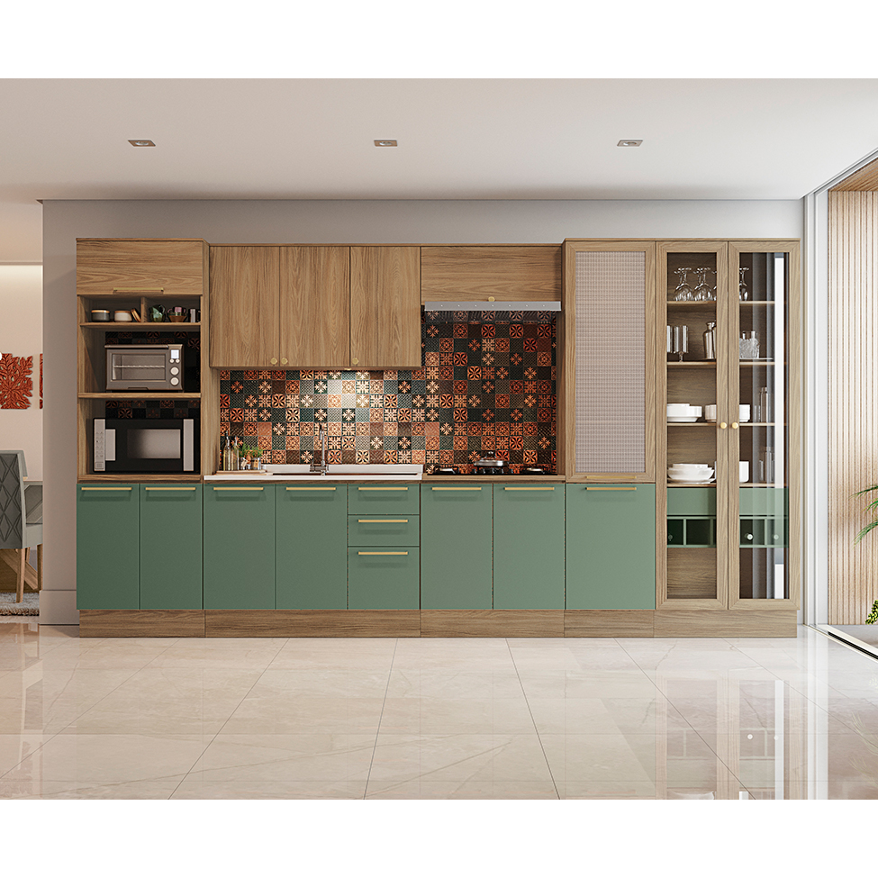 Balcão de Cozinha Botanic 2 Portas 3 Gavetas Nogueira e Verde Oliva