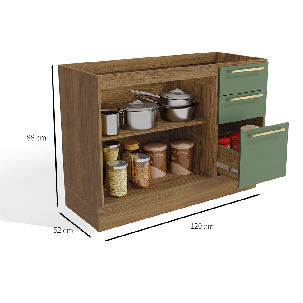 Balcão de Cozinha Botanic 2 Portas 3 Gavetas Nogueira e Verde Oliva