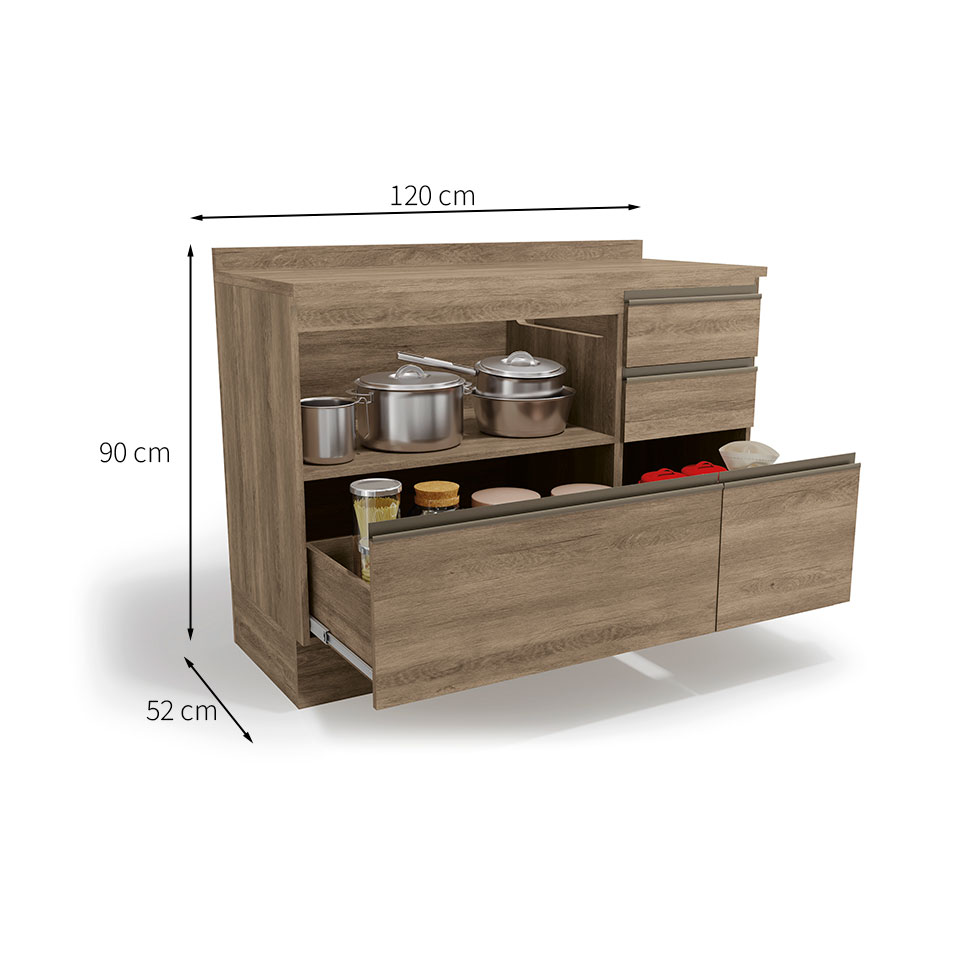 Balcão de Cozinha Bruges com Tampo 1 Porta 4 Gavetas Nogal 120 cm