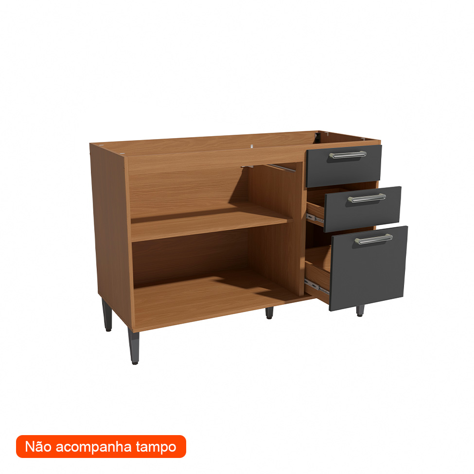 Balcão de Cozinha Linna sem Tampo 2 Portas 3 Gavetas Canela e Grafite 120 cm
