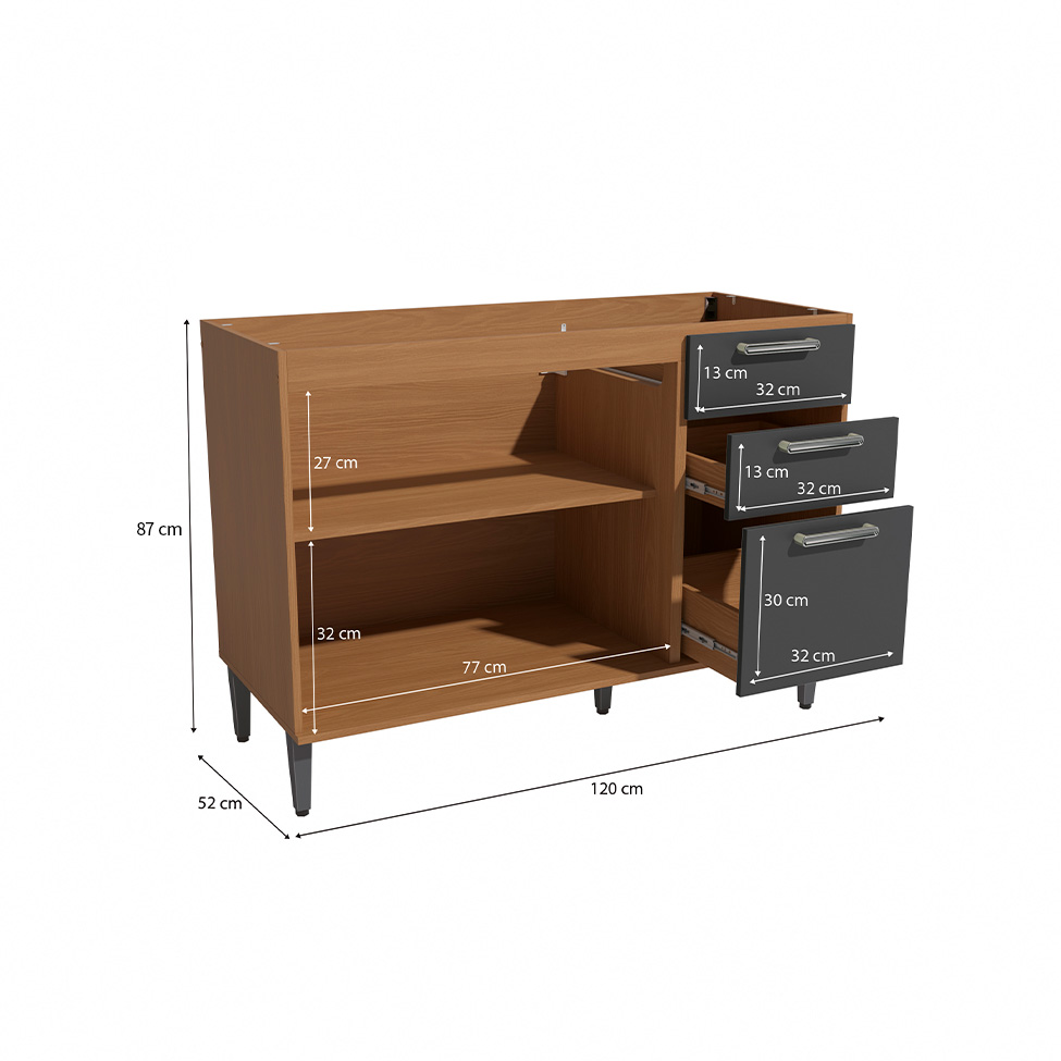 Balcão de Cozinha Linna sem Tampo 2 Portas 3 Gavetas Canela e Grafite 120 cm