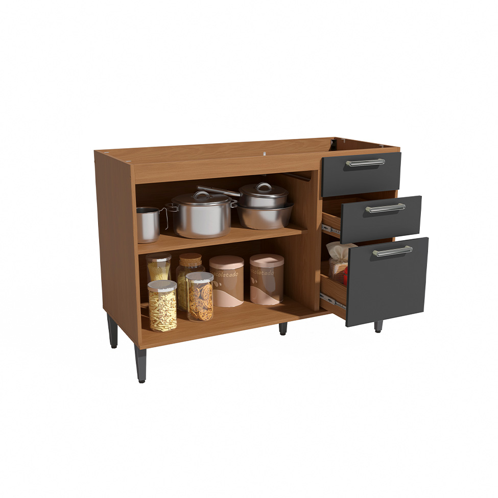 Balcão de Cozinha Linna sem Tampo 2 Portas 3 Gavetas Canela e Grafite 120 cm
