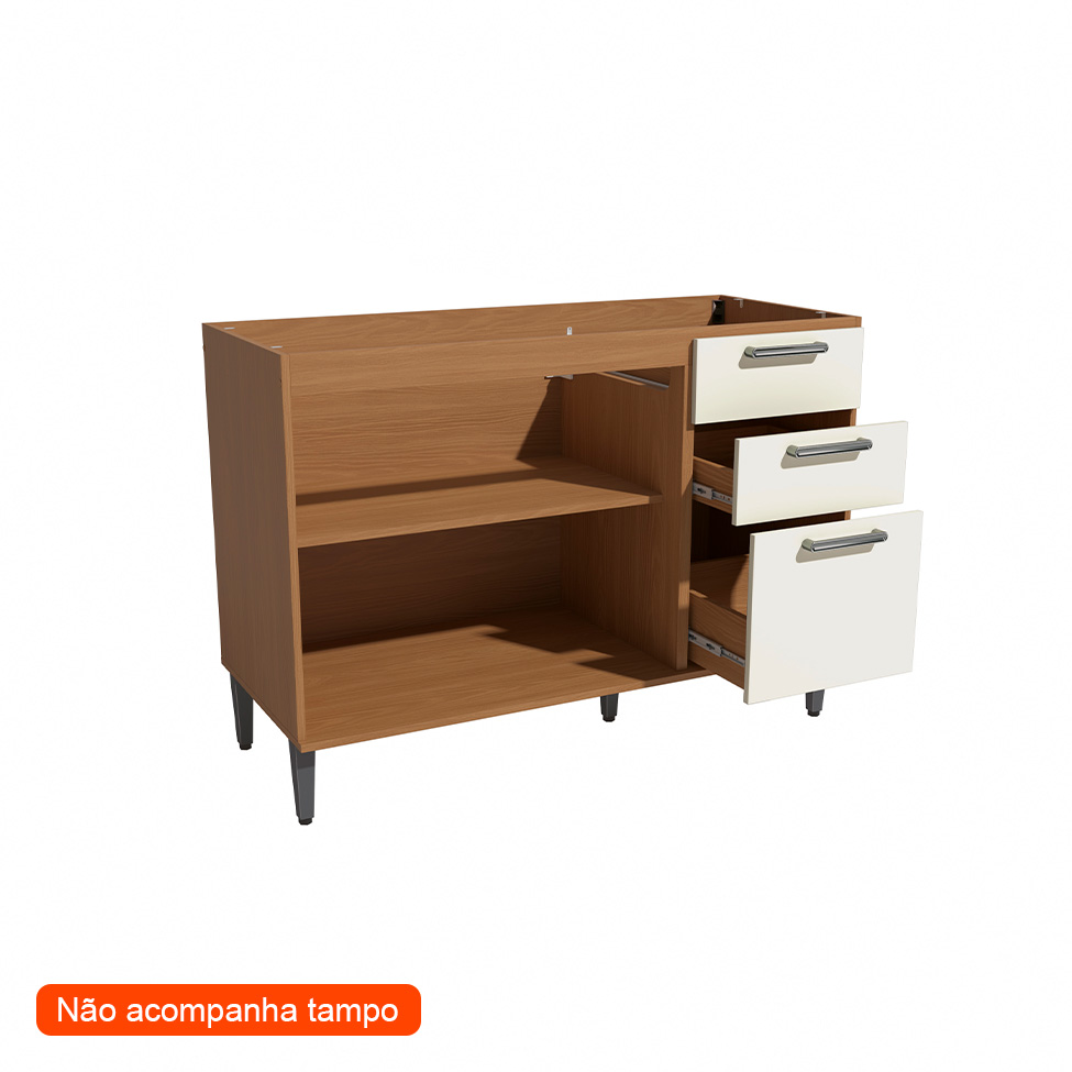 Balcão de Cozinha Linna sem Tampo 2 Portas 3 Gavetas Canela e Off White 120 cm