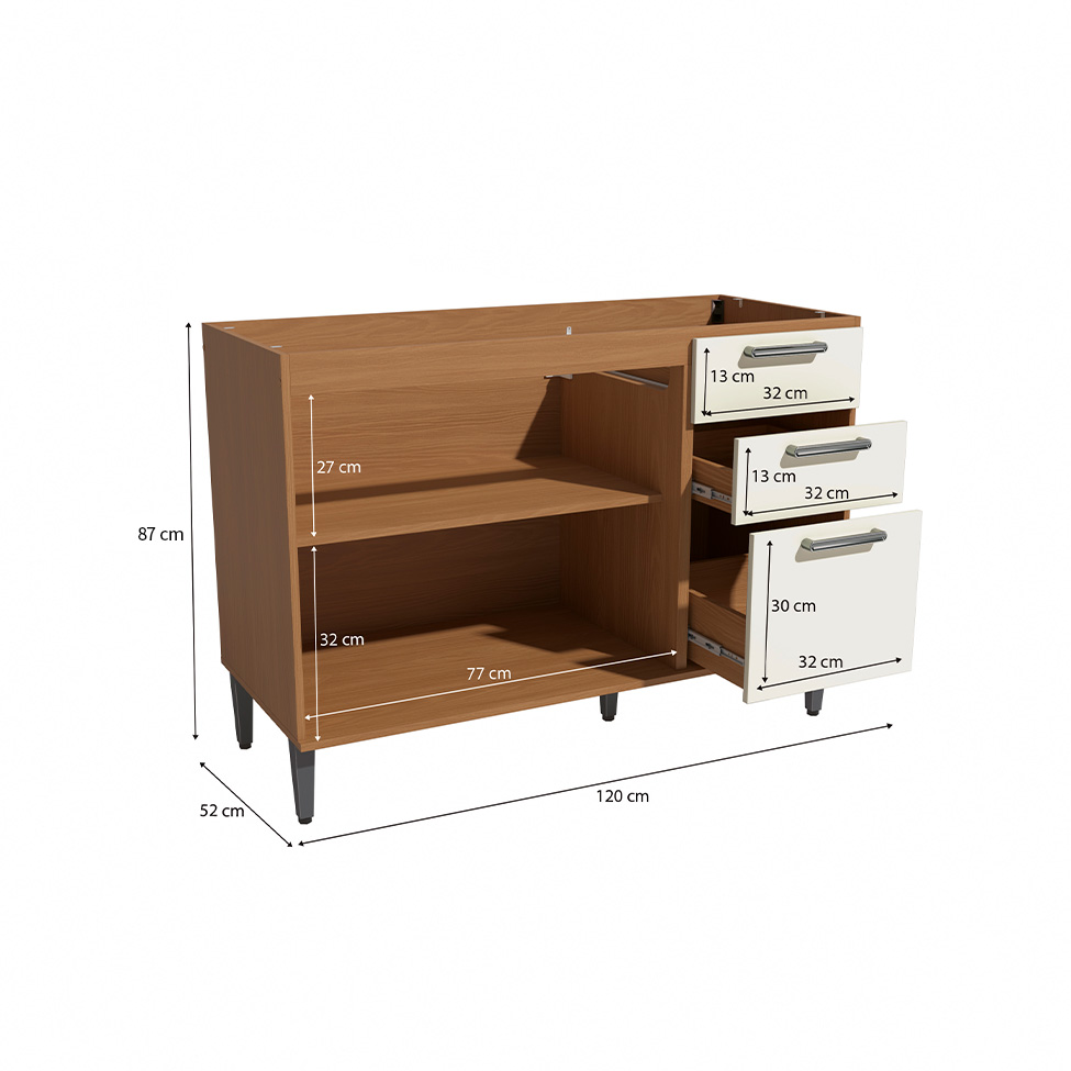 Balcão de Cozinha Linna sem Tampo 2 Portas 3 Gavetas Canela e Off White 120 cm