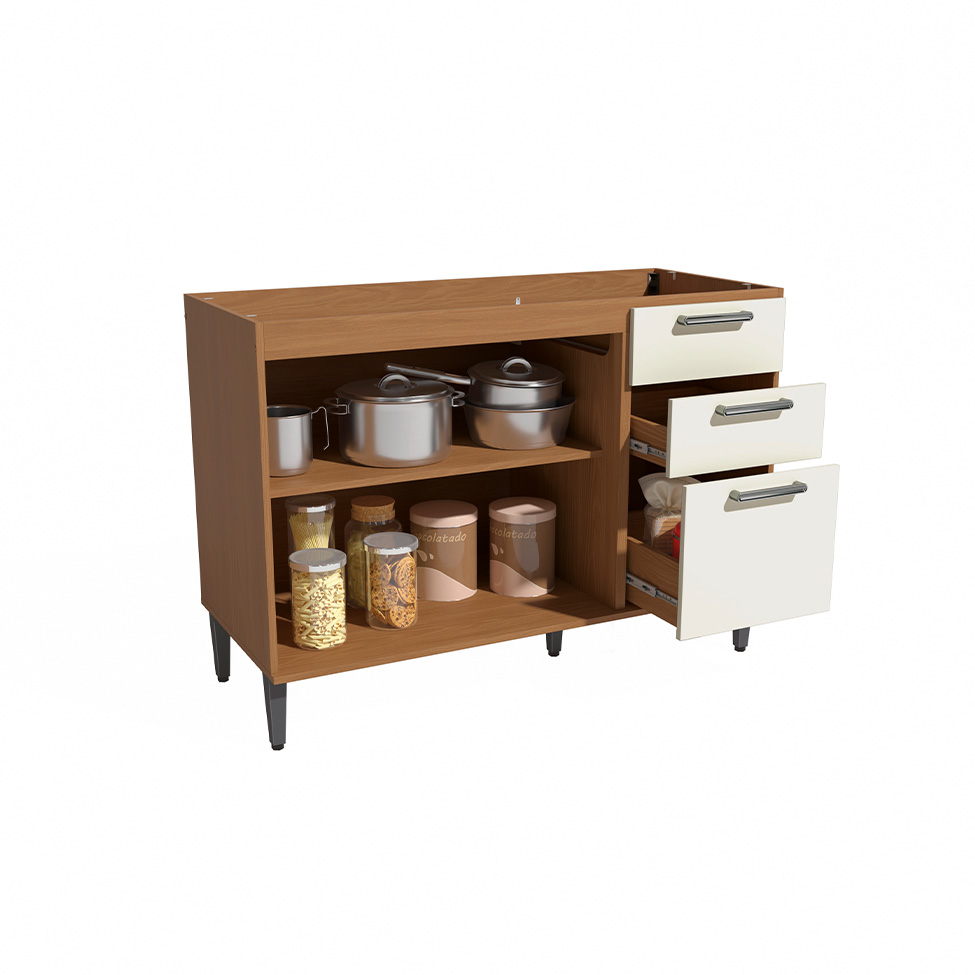 Balcão de Cozinha Linna sem Tampo 2 Portas 3 Gavetas Canela e Off White 120 cm