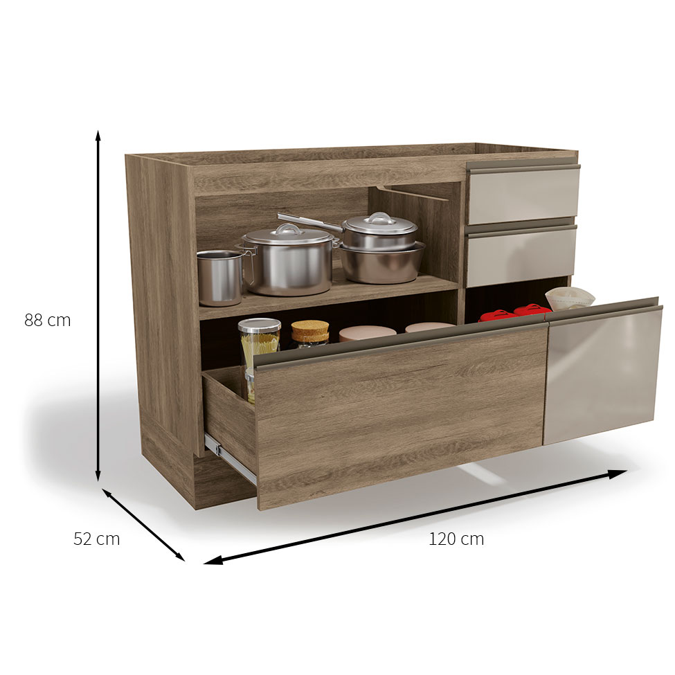 Balcão de Cozinha Maxxi com Vidro 1 Porta 4 Gavetas Nogal 120 cm