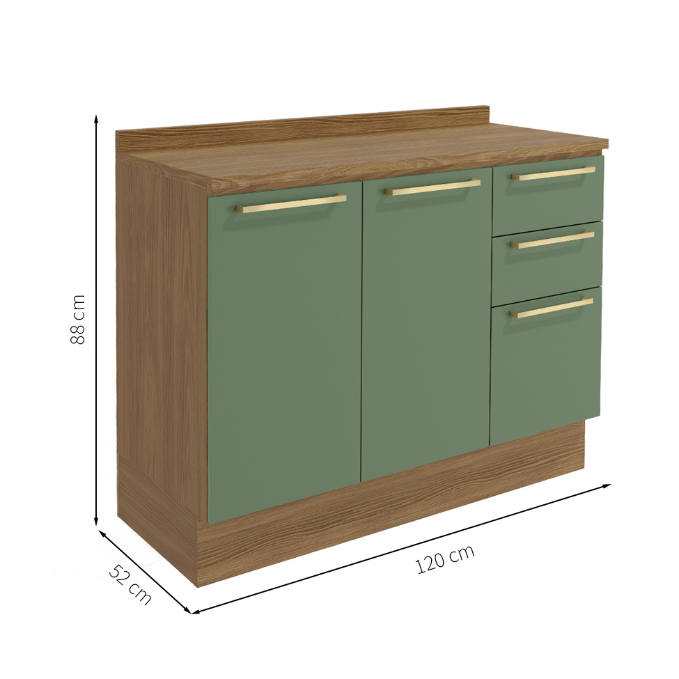 Balcão de Cozinha com Tampo Botanic 2 Portas 3 Gavetas Verde Oliva e Nogueira