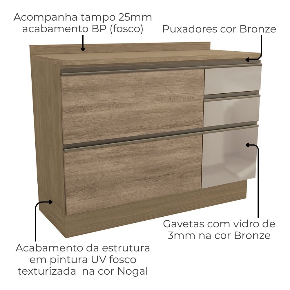 Balcao Com Tampo 1P 3G Vidro 120 cm Maxxi G747 Nogal Kappesberg
