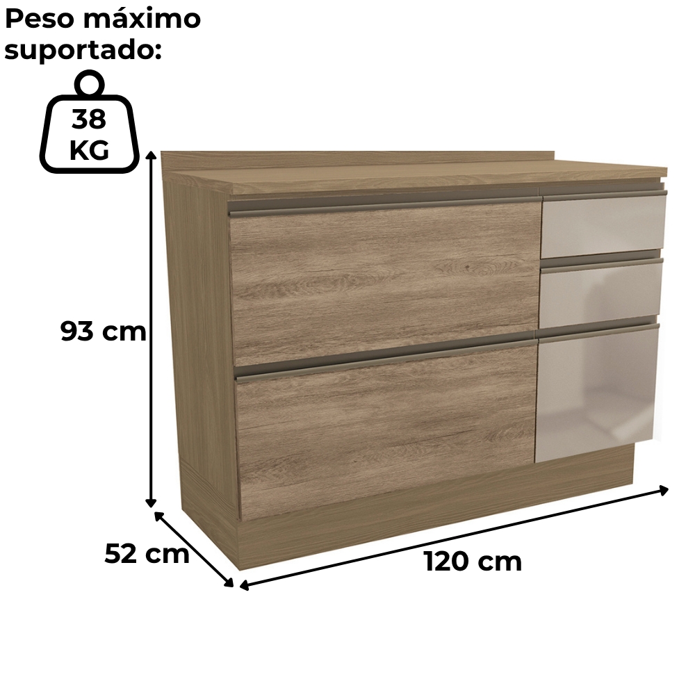 Balcao Com Tampo 1P 3G Vidro 120 cm Maxxi G747 Nogal Kappesberg