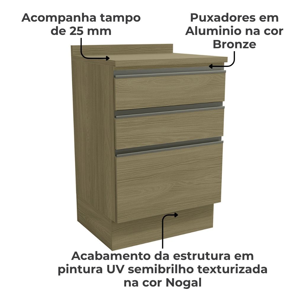 Balcao Com Tampo 3 Gavetas 60 cm Maxxi G743 Nogal Kappesberg
