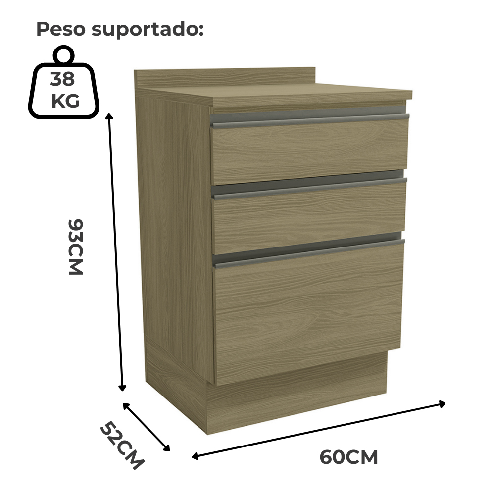 Balcao Com Tampo 3 Gavetas 60 cm Maxxi G743 Nogal Kappesberg