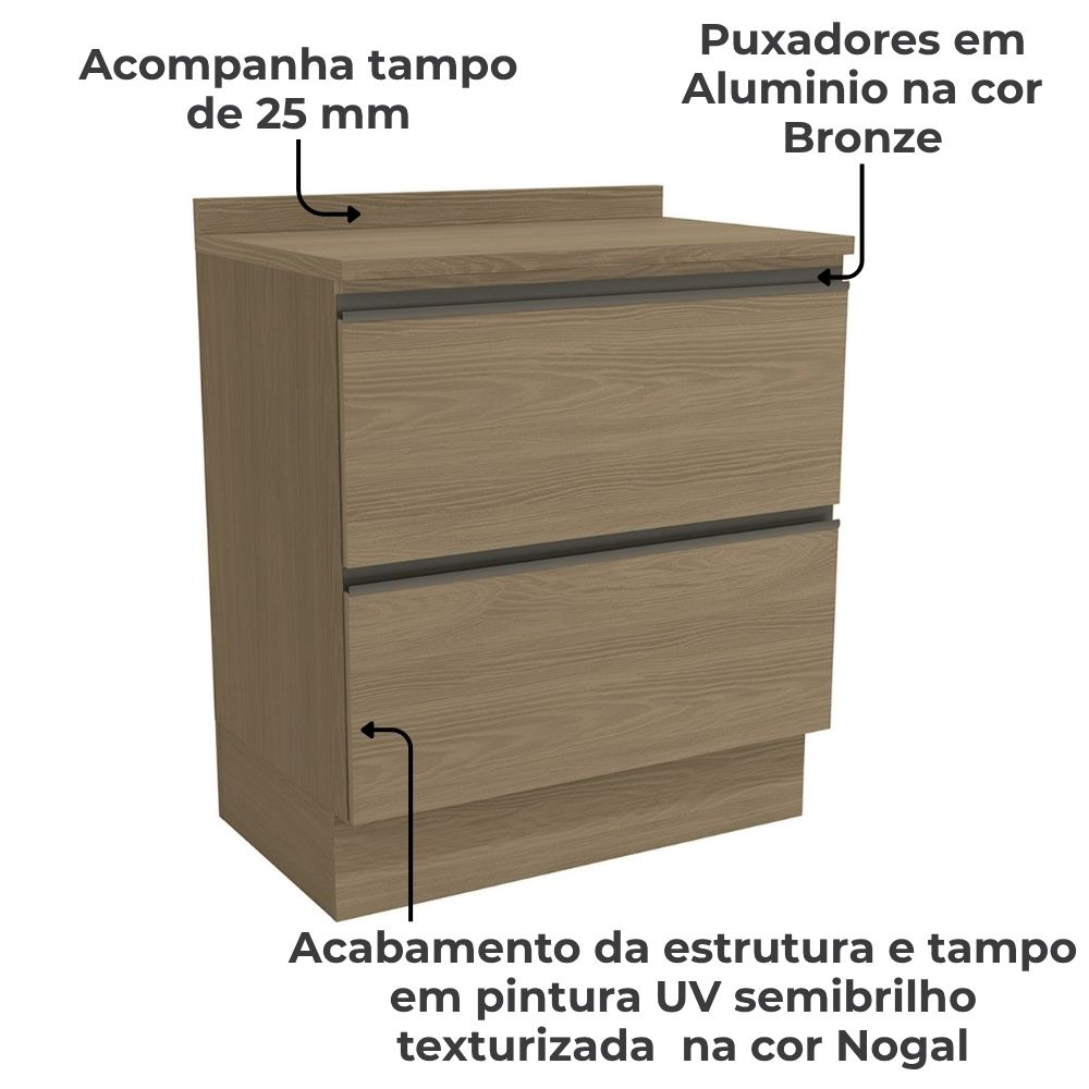 Balcao Com Tampo 80 cm 2 Gavetas MDP Maxxi G755 Nogal Kappesberg