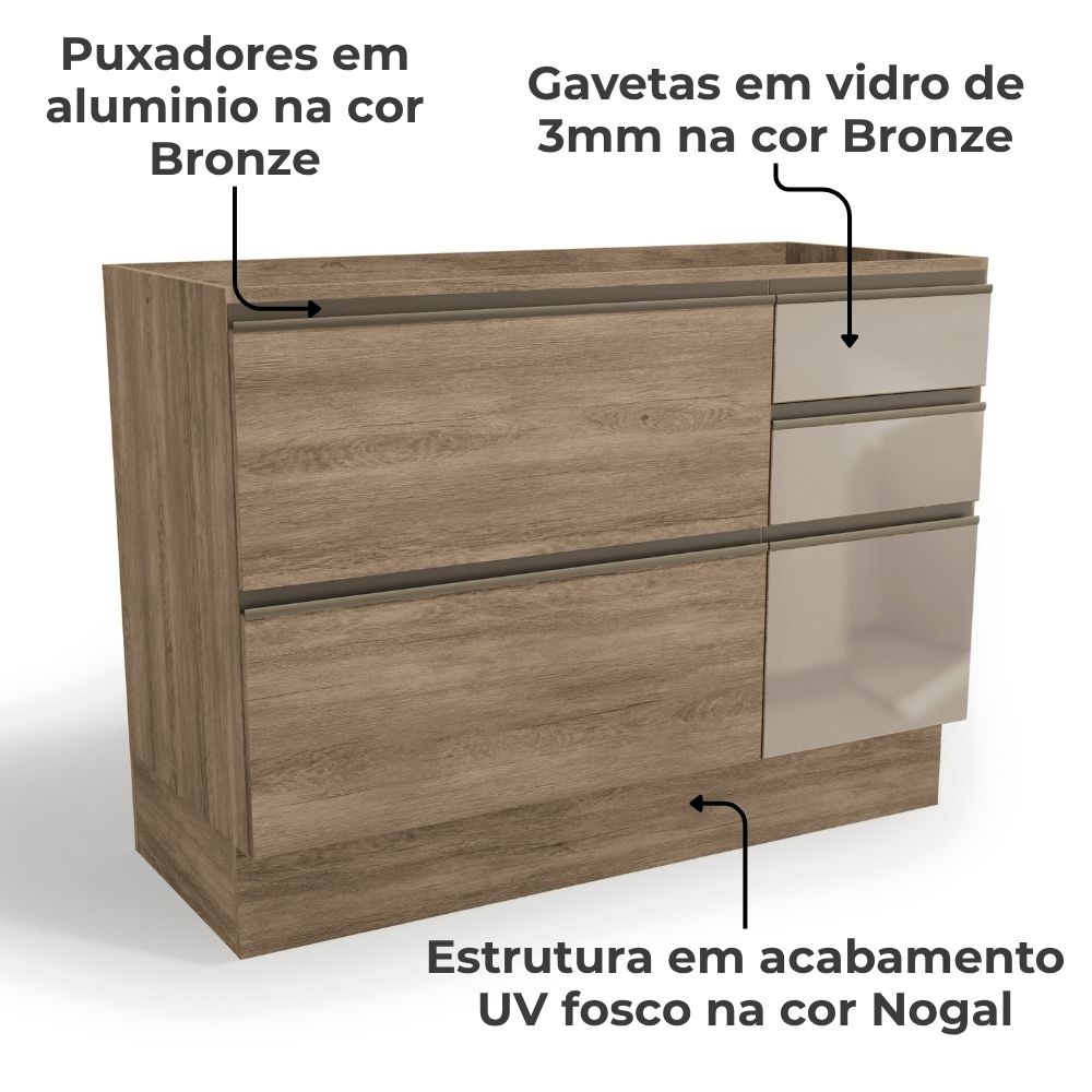 Balcao Pia Sem Tampo 1P Vidro 4G 120 cm Maxxi G747 Nogal Kappesberg